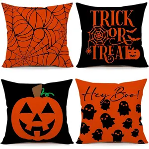 4pcs, Halloween Throw Pillow Covers Contemporary Cushion Cases for Home Couch, Machine Washable, Decorative Trick or Treat & Boo Patterns - Covers Only, Single-sided Printing, Without Pillow Core