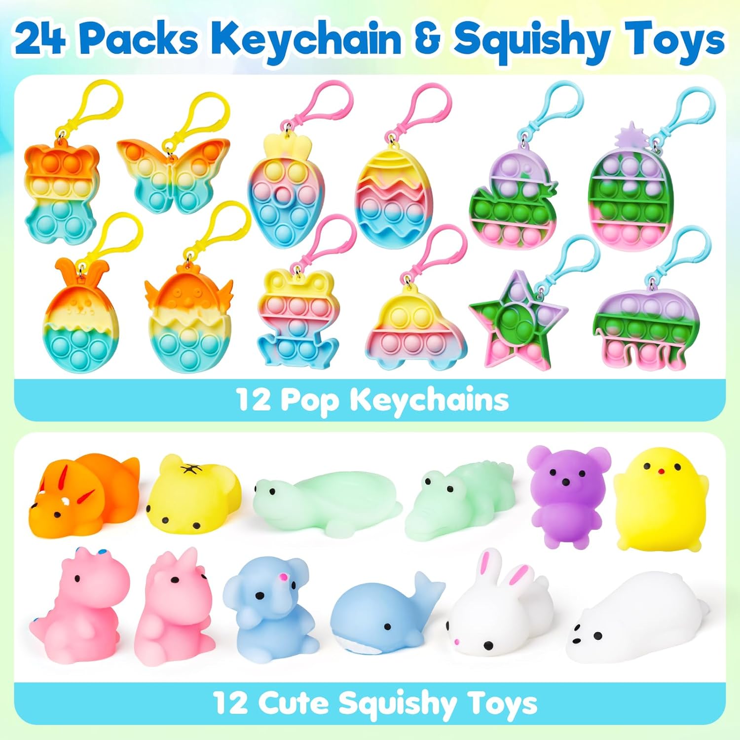24 Pack Prefilled Easter Eggs with Squishy Toys & Pop Keychains, Kids Easter Basket Stuffers, Easter Egg Hunt Fillers, Party Favors Bulk for Boys & Girls, Easter Gifts