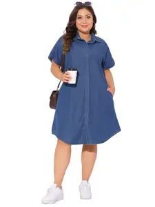 Agnes Orinda Women's Plus Size Denim Dress Short Sleeve Button Down with Pockets Midi Jean Denim Shirt Dresses