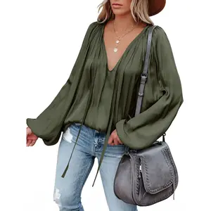 Women’s sexy deep V-neck chiffon blouse, lantern long sleeves, plus-size chic brushed silk satin, suitable for casual and party wear GARMENTARY