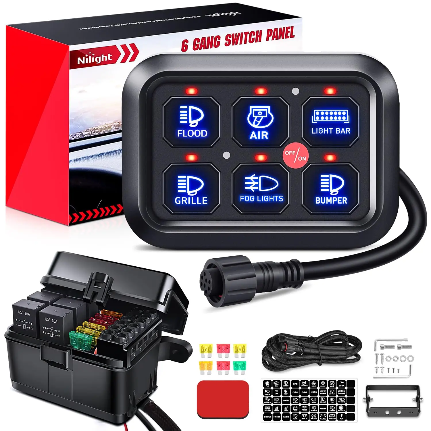 Nilight 6-Gang Compact Car Lighting Accessories Switch Panel - 12V DC 720W Universal Circuit Control Relay System, Fuse Wiring Harness, Automatic Dimmable Backlighted LED On-Off Pod, Center Console 2 Mounting Brackets, 50Pcs Stickers for SXS, Cars