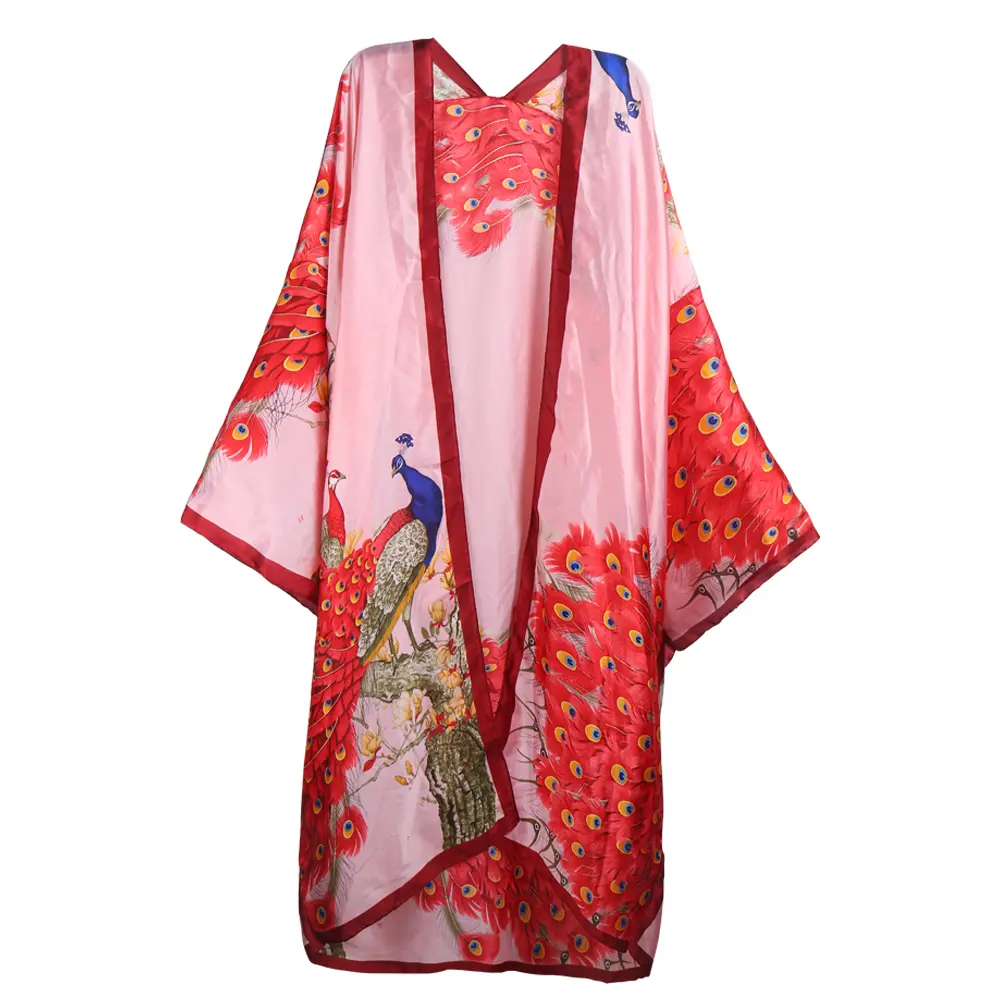 WEHELLO Women's Silk Rayon Peacock Print Kimono Robe, Bohemian V-Neck Long Sleeve Maxi Dress, Comfortable Fashion for Beach & Casual Wear, Clothes, Style, Soft, Women's Clothes