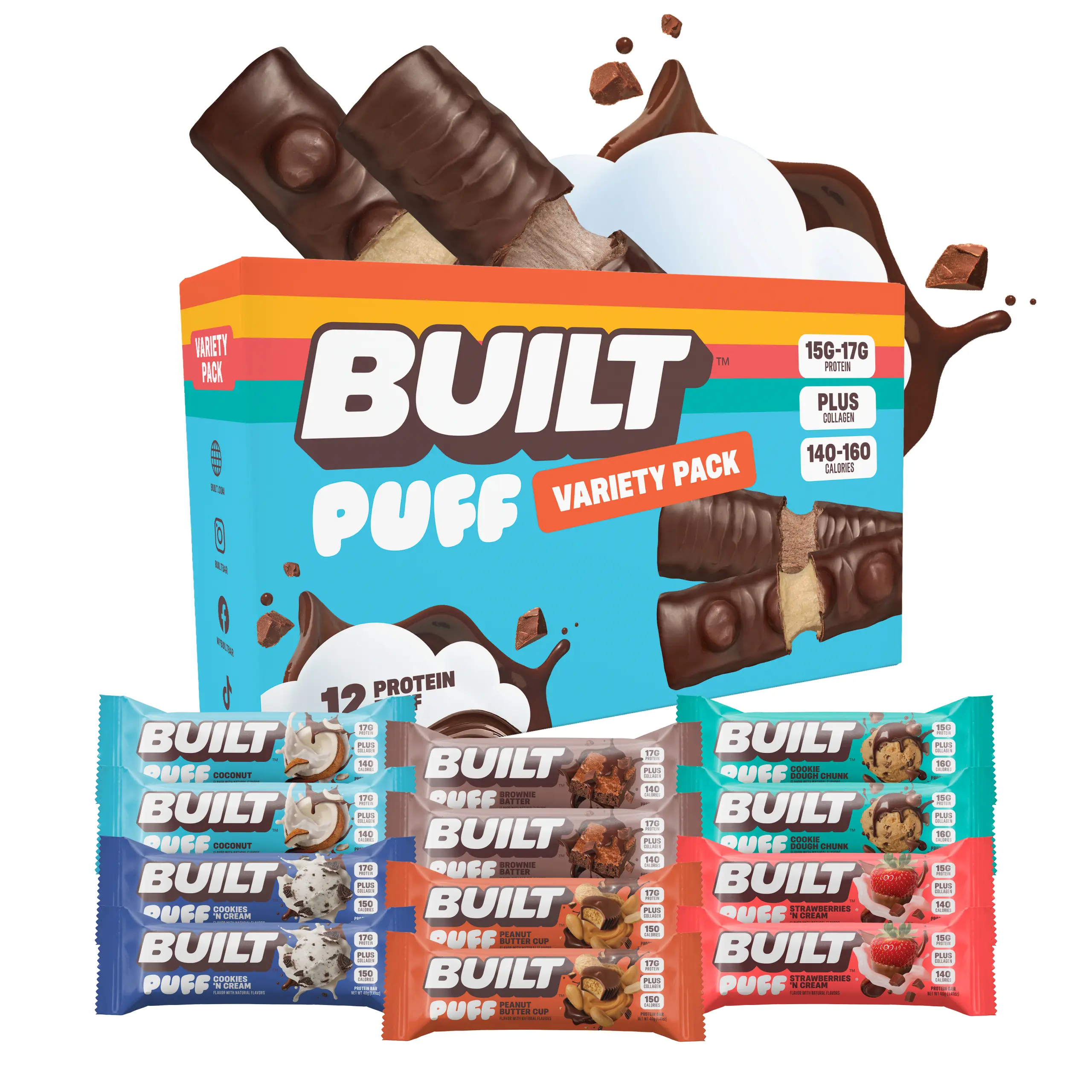 Official BUILT Bar, Puff Protein Bar Snacks, Mixed Variety Box, 15g-17g Protein, 140-160 Calories, Collagen, Soft, Marshmallow-y Texture, 12 Count Box Official BUILT Bar, Puff Protein Bar Snacks, Mixed Variety Box, 15g-17g Protein, 140-160 Calories, Collagen, Soft, Marshmallow-y Texture, 12 Count Box