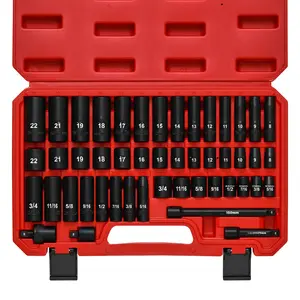 49 Pieces 3/8" Drive Impact Socket Set, 5/16"-3/4", 8-22MM, SAE/Metric, 6 Point, CR-V, Includes Extension Bar, Adapter, Universal Joint Hex Wrenches