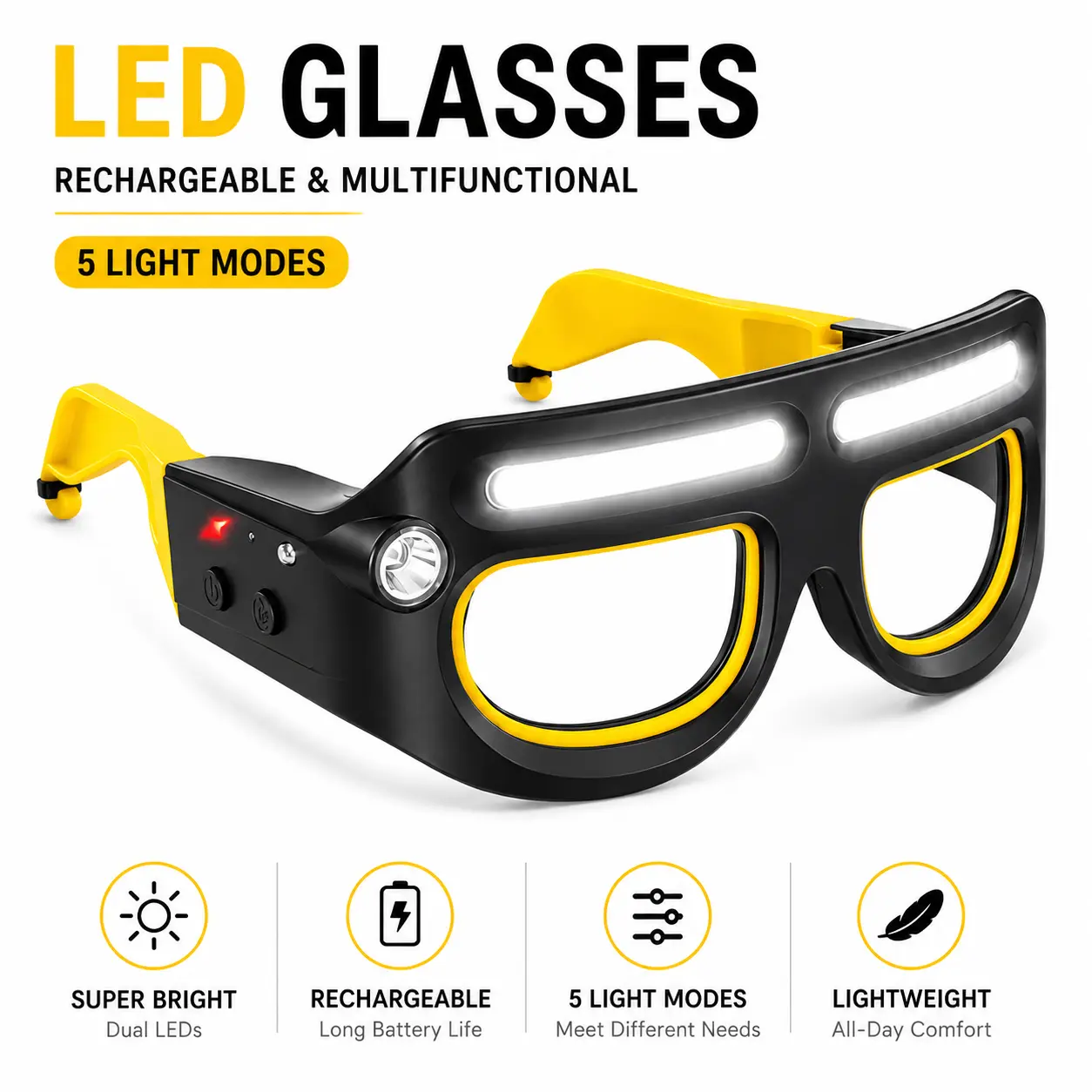 USB-C Rechargeable LED Glasses Light - Gesture Sensor Head-Mounted High-Power Lamp with 5 Modes for Camping, Car Repair, Rechargeable High-Power Headlamps, Led Rechargeable Headlamps