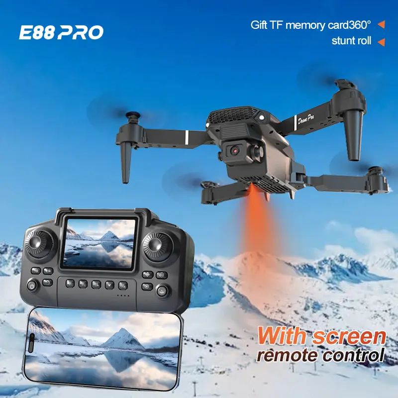 No Phone Needed! E88 Pro Drone with Built-in Screen Remote - HD Dual Camera, Brushless Motor & Stunt Rolls for Beginners