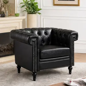 ARCH 1 Seater PU Leather Living Room Sofa Single Seat Couch with High-Density Cotton Filling, Easy Clean Black Fabric, Sturdy Pine Wood Frame, Birch Legs, 32.68Wx38.98Dx29.53H, Multiple Color Options, Black/Blue/Brown PU/Dark Brown Color Options