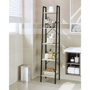 5-Tier Ladder Shelf, Bookshelf Bookcase, Freestanding Corner Storage Shelve With 2 Hooks For Home Office, Living Room, Kitchen, Bedroom, Industrial,Rome Decor, Gerige