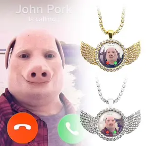 For John Pork Is Calling Answer Call Phone Humor Funny Pig Lover Graphic The Moon Necklace Angel Wings Pendant Necklace Jewelry