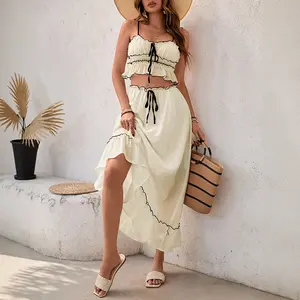 2026 Summer 2 Piece Maxi Skirt Set for Women Y2k Bow Tie Crop Top Flowy Ruffle Tiered Dress Vacation Beach Outfit Fresh and Sweet Style Two-Piece Set with Contrasting Color Wavy Edge Camisole and Skirt for Women