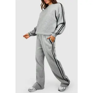 Light Grey Solid Color Side Striped Sweatshirt Pants Set