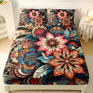 Boho Mandala Floral Bedding Set, High-Definition Print 3-Piece, Includes 1 Fitted Sheet & 2 Pillowcases, Ideal for Home & Dormitory Use, Bedsheet Sets