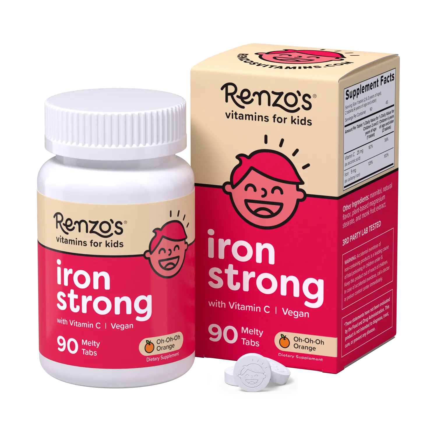 Renzo's Vitamins Iron Strong Gentle Tummy-Friendly Iron Supplement for Kids, with Natural Vitamin C, Dairy-Free, Easy-Absorbed for Growth Spurts - 90 Melty Tabs