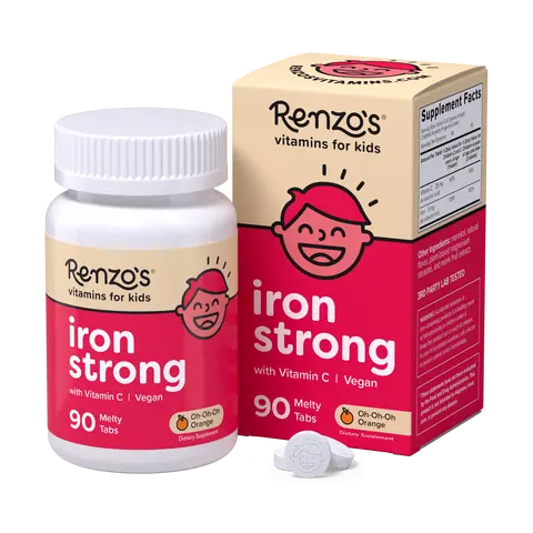 Renzo's Vitamins Iron Strong Gentle Tummy-Friendly Iron Supplement for Children - 90 Melty Tabs, Natural Vitamin C, Dairy-Free, Allergen-Free (Gluten, GMO, Sugar), Melts in Mouth, Easy-Absorbed for Growth Spurts, Blood Health, Vegan