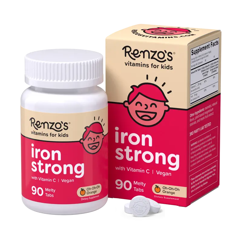 Renzo's Vitamins Iron Strong Gentle Tummy-Friendly Iron Supplement for Children - 90 Melty Tabs, Natural Vitamin C, Dairy-Free, Allergen-Free (Gluten, GMO, Sugar), Melts in Mouth, Easy-Absorbed for Growth Spurts, Blood Health, Vegan