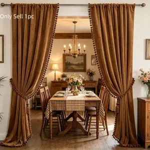 1pc European Classical Solid Color Coffee Velvet Polyester Drapes, Light Blocking Curtains Tassel Decor Curtain for Bedroom Living Room Dining Room, Window Curtain, Home Decorative Curtain