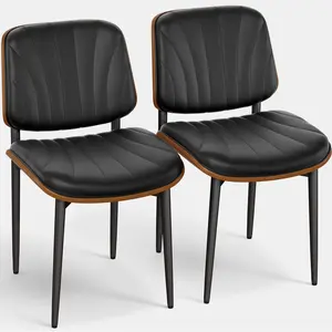 Aowos Dining Chairs 2 Pieces, Mid-Century Modern Upholstered PU Leather Chairs with Walnut Back and Metal Legs Adjustable Feet for Kitchen Dining Room