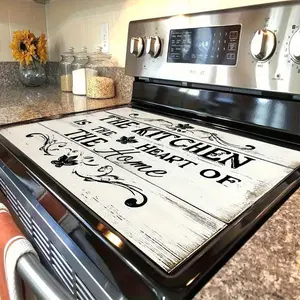 1pc Rustic Floral Wooden Stove Cover Protector - 2D/Flat Design with "The Kitchen is the Heart of the Home" Quote, Black Floral Accents, Polyester Material, Cozy Kitchen Decor for Cooking & Baking, Stove Top Protector