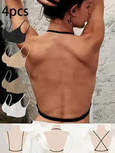 4-piece seamless backless women's bra, Padded everyday bras, X-shaped shoulder strap and U-shaped shoulder strap design, detachable padding, high support gathering style, black/white, suitable for daily occasions, comfortable underwear, snug fit