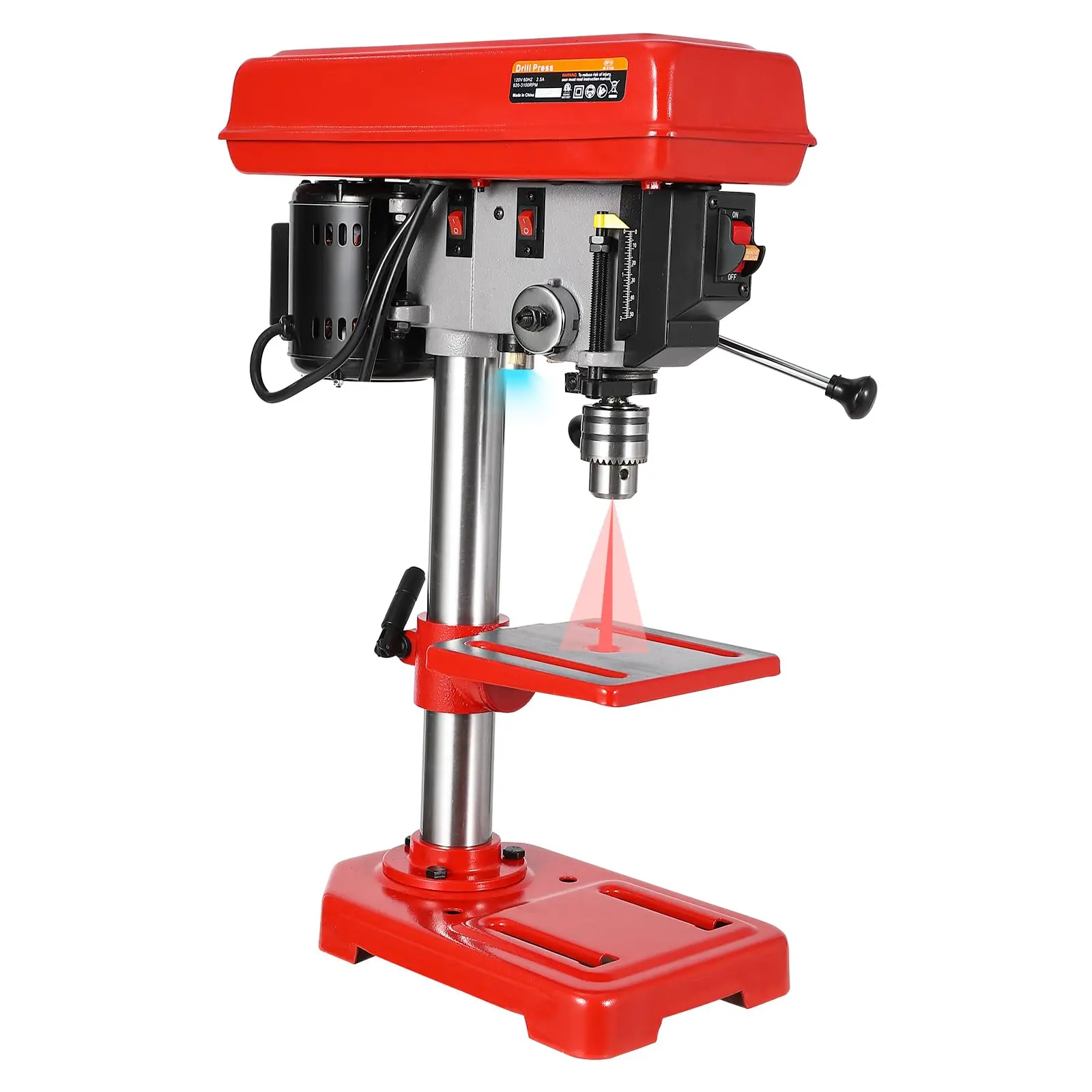 Garvee 8" Benchtop Drill Press with Laser Ray (Class II Max. 1mW), 5 Adjustable Speeds (620-3100 RPM), 0-45° Tilting Worktable, LED Light (1W), Ideal for Wood and Metal Drilling
