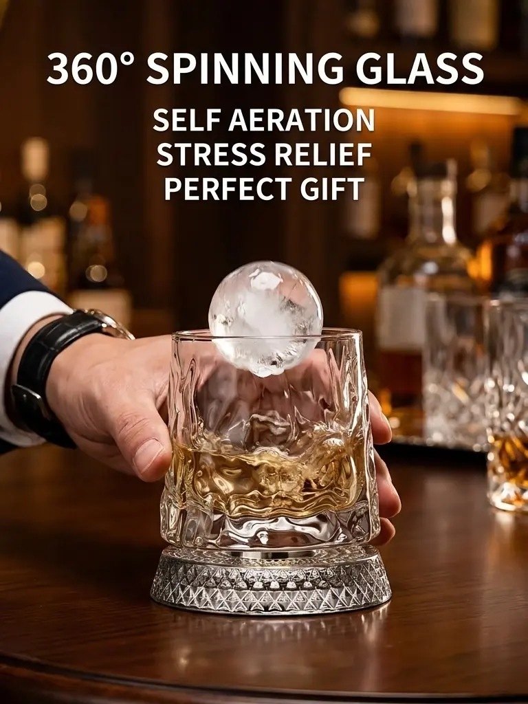 360° Rotating Whiskey Glass – Stress Relief Spinning Cup for Men, Unique Barware Cool Glass for Bourbon Lover, Lead-Free Star-Cut Crystal Tumbler – Funny Birthday Gift for Boyfriend Husband