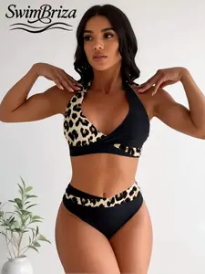Briza｜Halter Wrap High Waisted Bikini Sets In Black Beige Leopard Print, A Two-Piece Swimsuit And Bathing Suit Women Set Made For Bathing Suits For Women, Vacation Swimwear For Women, Cute Swimsuits For Women, Swimsuits 2 Piece Confidence