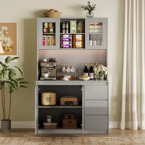 Gray Kitchen Pantry Cabinet 71 Tall Storage with Doors Shelves Adjustable Microwave Shelf LED Lights Charging Station Corner Cabinet Gray