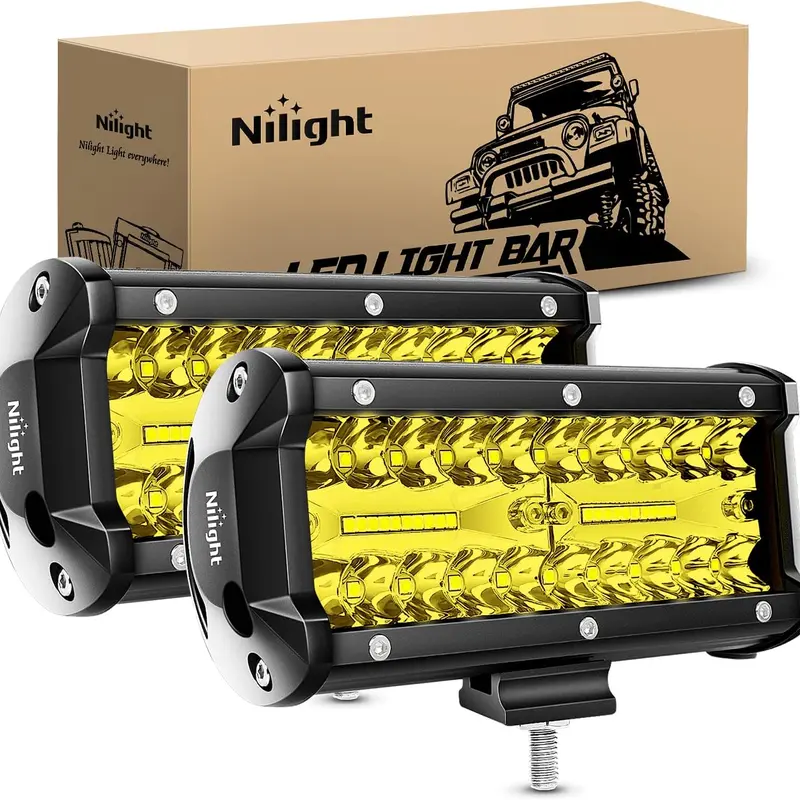 Nilight 2Pcs 6.5in 120W Amber LED Pods with Wiring Harness - Tri-Row Wide Flood+Spot Combo Led Car Lights, Vehicle Exterior Off-Road Driving Lamps, Aluminum Alloy Roof Bumper Lights, Bracket Mount, Heat Dissipation, -40~85°C Tolerance, Auto Accessories