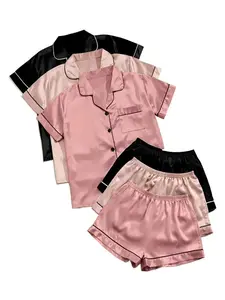 Women's Solid Satin Pyjama Set, Short Sleeve Button Front Lapel Shirt & Contrast Binding Shorts PJ Set, Summer Sleepwear Set