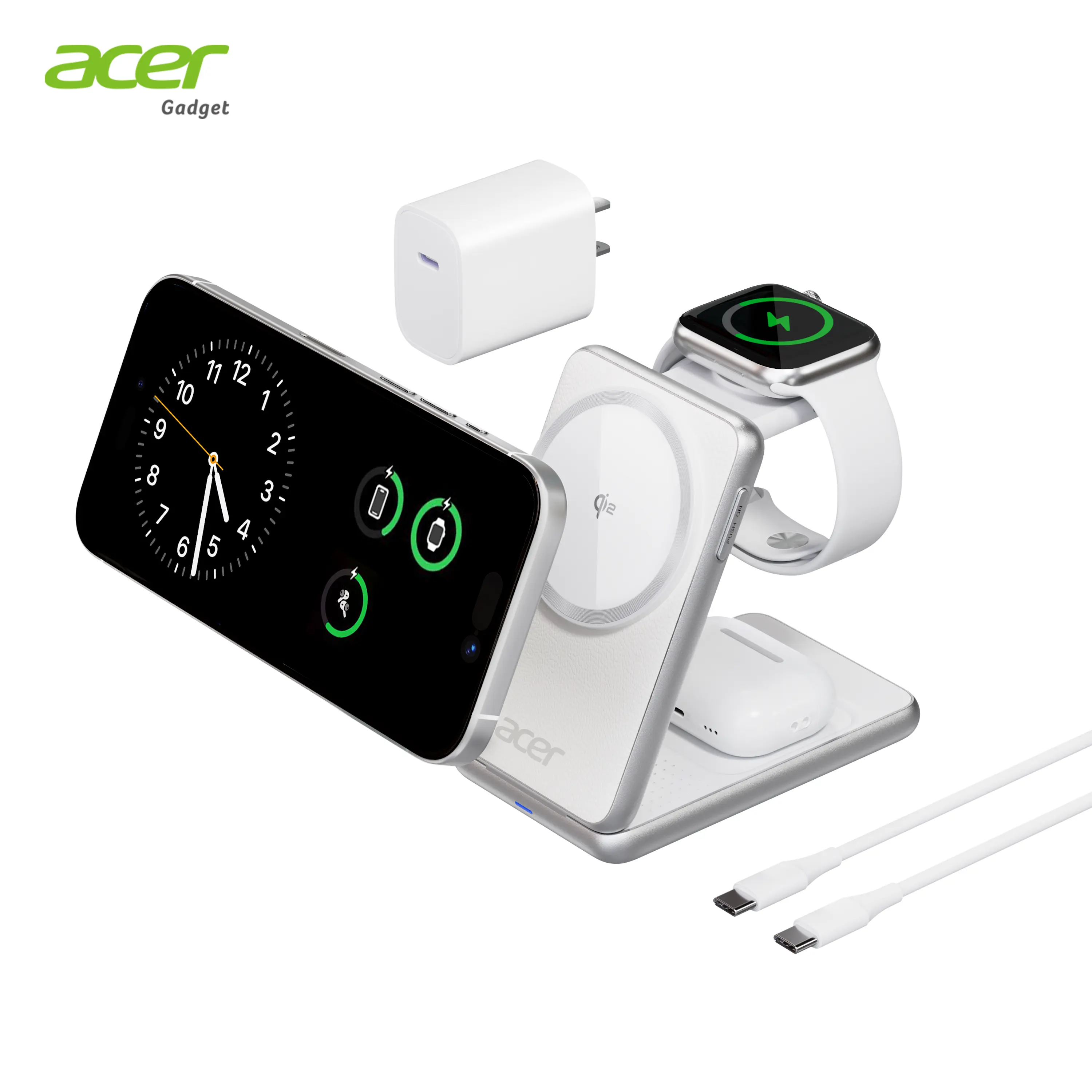 Acer 3 in 1 Wireless Charging Station, MagSafe  Stand Compatible, 15W Certified Palm-Sized Foldable  for iPhone 17/16, Apple Watch, AirPods (Non-Battery, Adapter Included) fast charger usb all-in-one summerwins Cellphone Smartphone