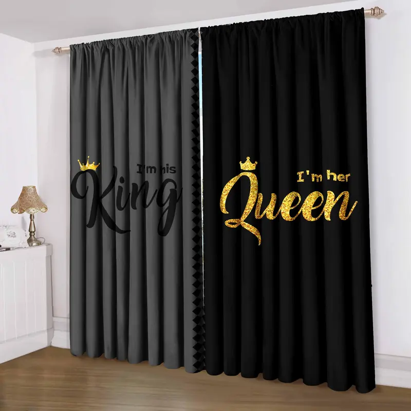Letter & Crown Pattern Curtain, 2 Counts/set Modern Simple Rod Pocket Window Curtain, Decorative Curtain for Home Living Room Bedroom, Interior Decoration Accessories
