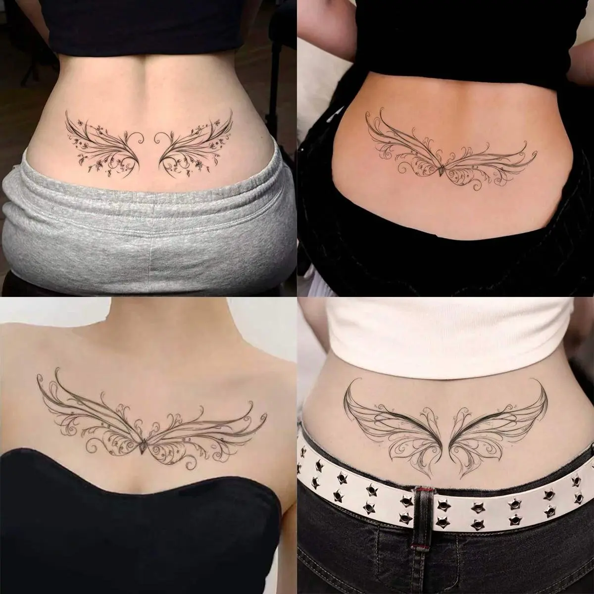 Delicate Line Art Angel Wings Waist Chest Back Temporary Tattoo Stickers - 3 Sheets Semi-Permanent Waterproof Realistic Elegant Fake Tattoos, Body Art Decals for Women Girls, All Skin Types Perfect for Party, Beach, Daily Wear