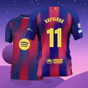 25 26 Home Red And Blue 11# Raphinha Short Sleeve Soccer Jersey Fans Version 2