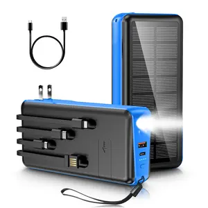 Portable Charger with Built in Cable and Wall Plug 50000mAh PD30W Fast Charging Solar Power Bank with 5 Output & 2 Input Dual LED Flashlights Phone Holder External Battery Pack