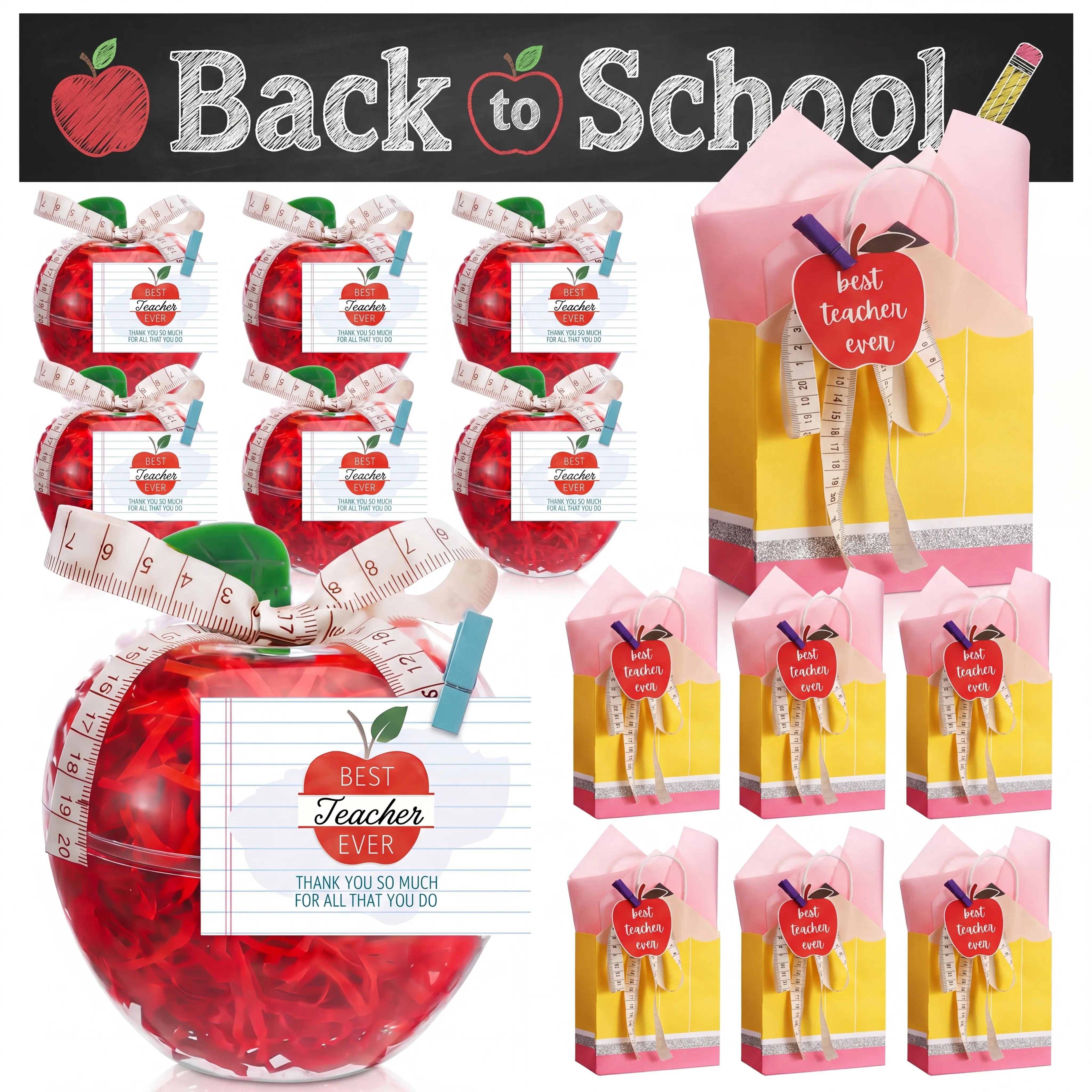 6 Pcs Back to School Teacher Gift Plastic Apple Containers Teacher Appreciation Gifts with Gift Bag Thank You Cards Ruler Ribbon Red Raffia Teacher Appreciation Gifts for School Classroom Party Decor,Teacher's Day Welcome Back to School Christmas Gift