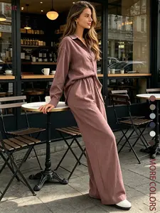 Two piece set of women's fashionable, high-end, relaxed, casual, plain textured long sleeved shirt+high waist wide leg pants set, suitable for all seasons, suitable for short trips, exploring stores, shopping, daily home, workplace, commuting
