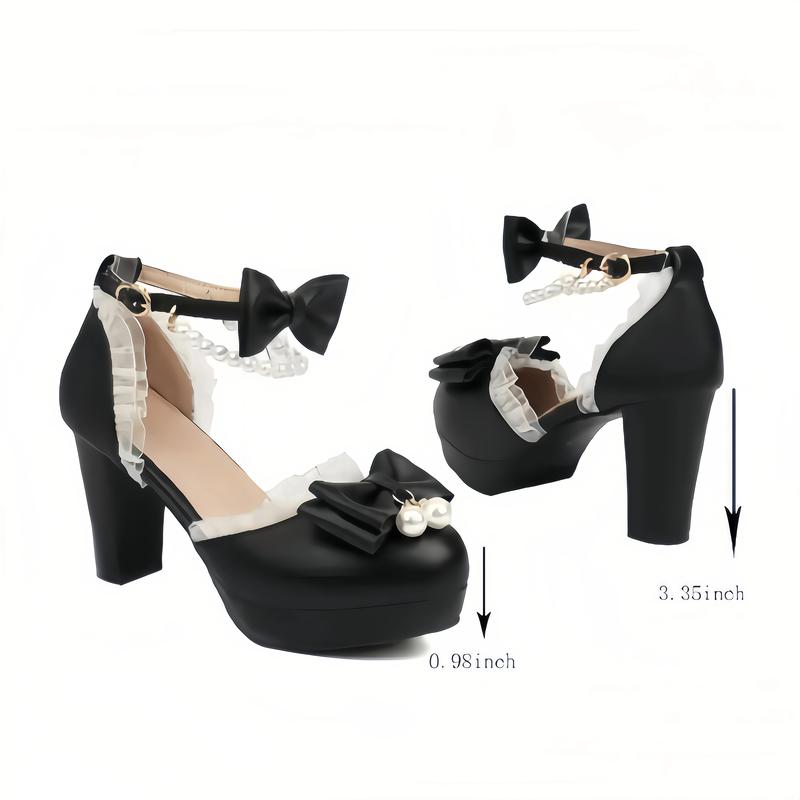 Womens Ankle Strap Lace Beads High Heel Mary Janes Bowtie Round Toe Pump Shoes Sweet Lolita Shoes