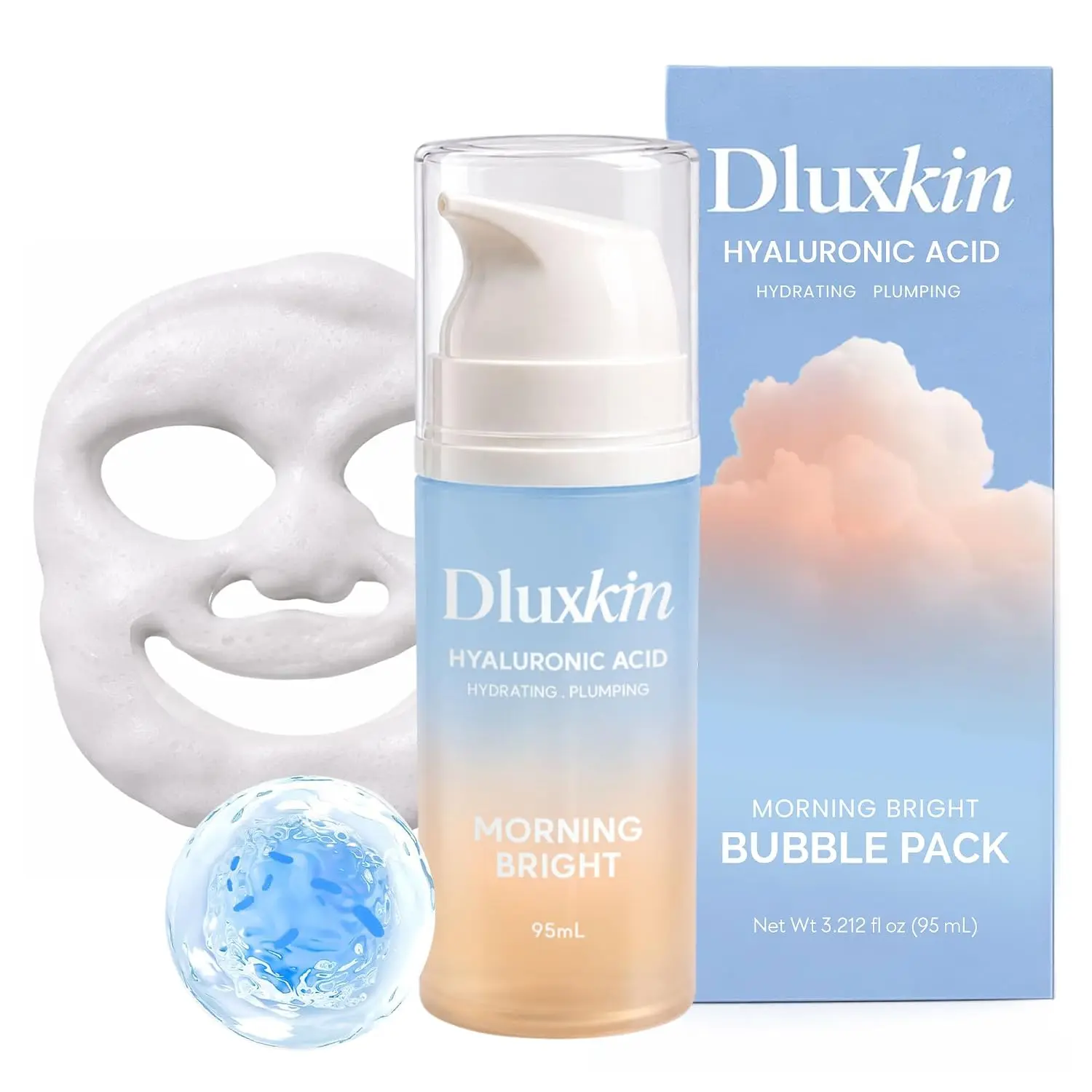 DLUXKIN Hyaluronic Acid Bubble Skincare Serum - Micro Bubble Mask Treatment, 15 Seconds No-Rinse Korean Skincare with Niacinamide & Hyaluronic Acid