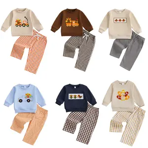 Toddler Baby Boy Thanksgiving Outfit Turkey Embroidery Sweatshirt Pullover Tops Elastic Waist Gingham Pants 2Pcs Set