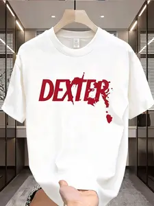 Men'S Trendy Casual Short-Sleeve Graphic Tee Featuring a DEXTER Red Splatter Letter Design, Perfect for Adult Wear And Suitable As a Halloween Or Christmas Gift