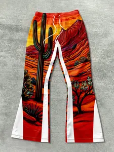 Desert Cactus Sunset Print Bell Bottoms, Flared Bold Western Casual Long Pants, Geometric Pattern, Fitted Style, All Seasons
