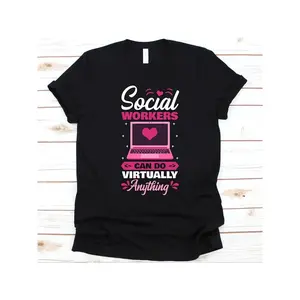 Social Workers Can Do Virtually Anything T-Shirt - Black with Pink Social Work Graphic Tee, Relaxed Fit Short Sleeve Round Neck Casual Shirt for Advocacy & Gifts for Social Workers