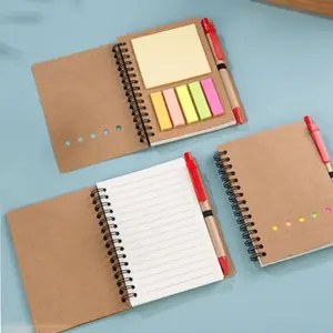 Kraft Paper Cover Sticky Note Set with Pen Holder - Coil Notebook, Spiral Blinding Diary - 5 Color