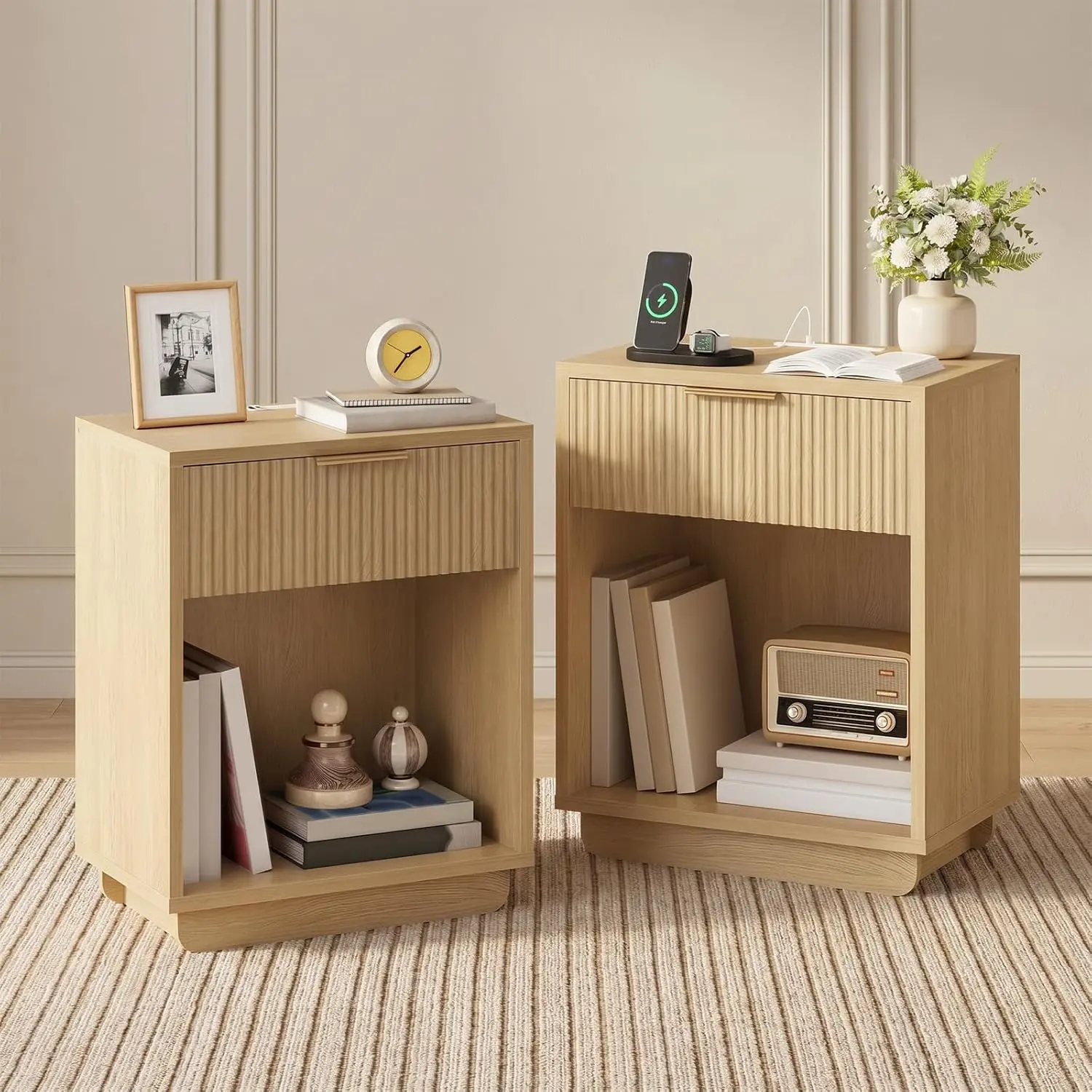 2-Piece Modern Fluted Natural Nightstands - Multi-Purpose Bedroom Furniture with USB LED Night Light, Charging Ports, Drawer & Open Shelf, Minimal Night Stand, Drawer Equipped Nightstands, Modern Accent Tables for Living Room, Nightstand With Drawers, Sta