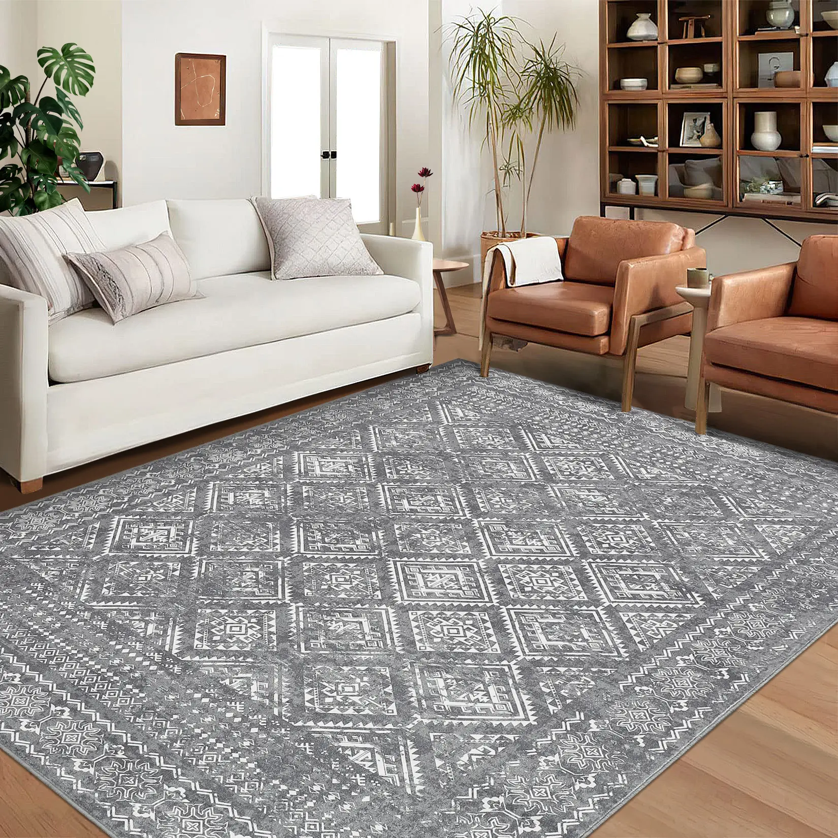 Washable Area Rug Moroccan Style Rug Distressed Floral Rug Low Pile Soft Carpet House Rug for Living Room Dining Room Office