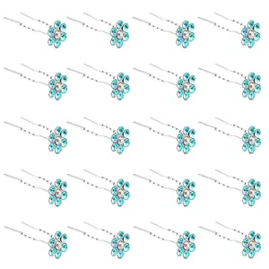 20 Pack (Blue) Crystal Flower Hair Pins Rhinestone Hair Clips for Bridal Wedding Women Hair Jewelry Accessories, with Clear Container