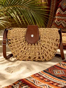 Straw Woven Crossbody Bag with Faux Leather Flap, Adjustable Shoulder Strap Beach Purse, Casual Summer Sling Bag for Vacation, Travel & Daily Use