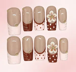 Bling by Allie NUDE BROWN FLORAL NAIL TIPS  - 100% Handmade Press-On Nails | Resusable, Salon Quality, Long Lasting