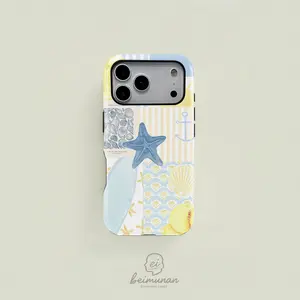This dual-layer protective case features a blue and yellow watercolor-style starfish and seashell patchwork pattern. It's a durable 2-in-1 case compatible with iPhone 17/16/15/14/13/12/11 Pro Max/Plus/Pro and Samsung Galaxy S26/S25/S24/S23/S22/S21 .