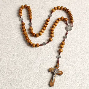 Wooden Beaded Cross Pendant Necklace, Handmade Long Chain Prayer Beads, DIY Jewelry Making Supplies, Coptic Cross Necklace, Religious Gift Idea